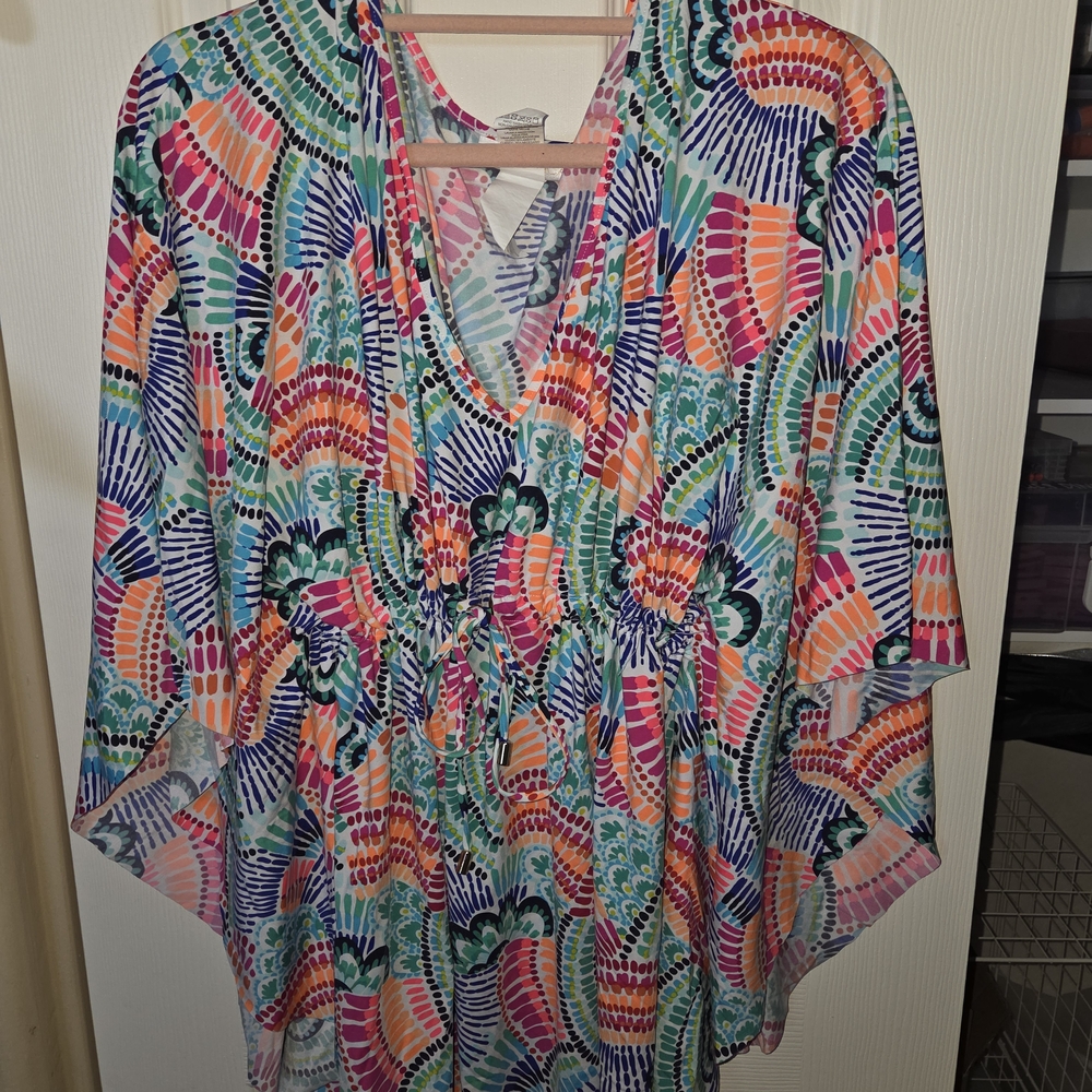 La Blanca Multicolor V-Neck Elastic-Waist Tunic/ Swim Cover
